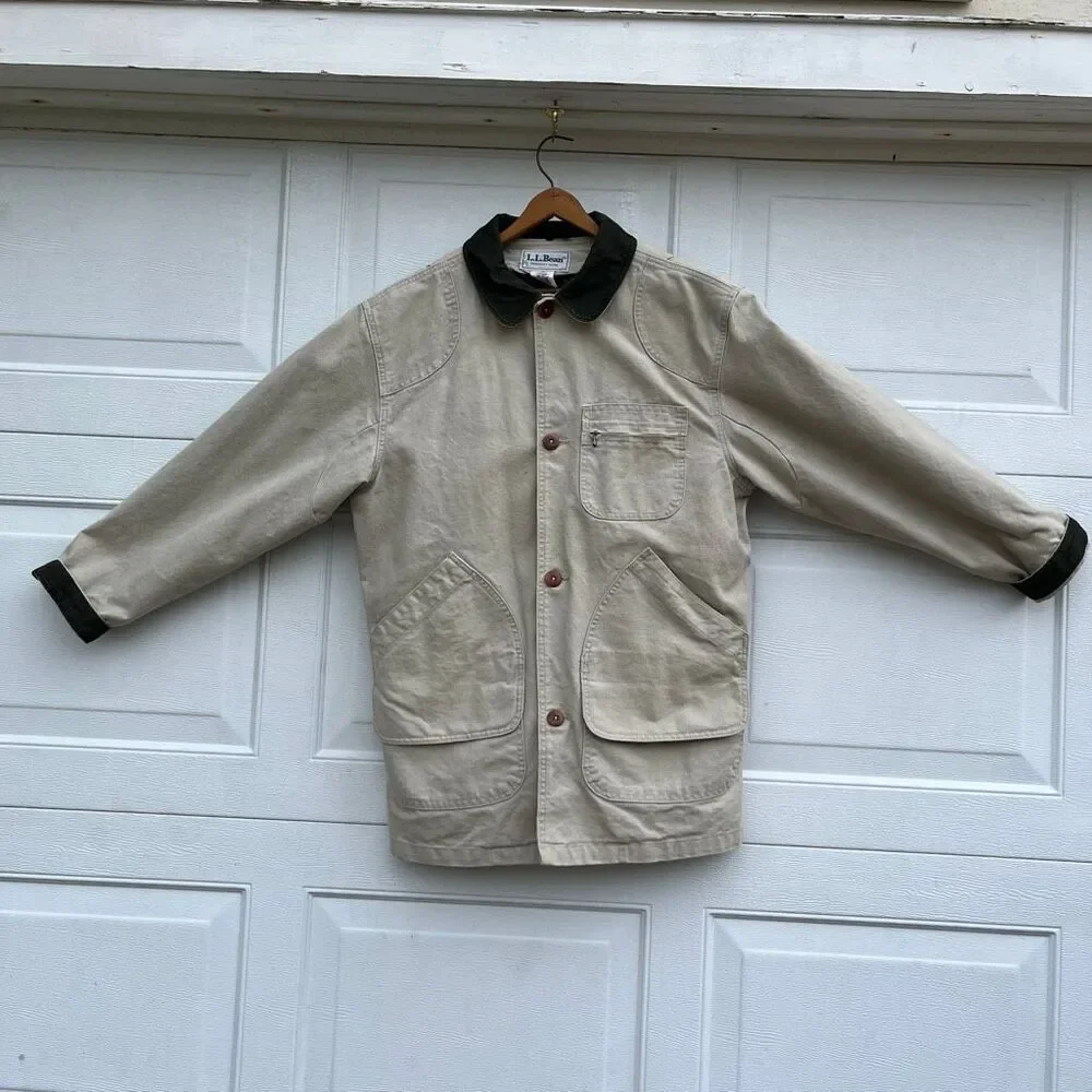 VTG LL Bean Field Coat Barn Jacket Canvas Corduroy Collar M Tall